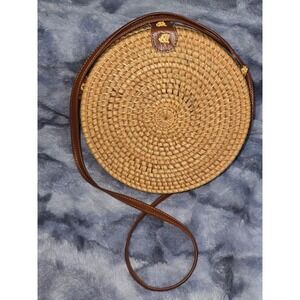 Handmade Round Rattan Crossbody Bag Floral Lining Woven Straw Boho Canteen Purse